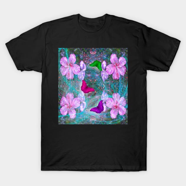 Fabulous pink hibiscus and vibrant butterflies T-Shirt by hereswendy